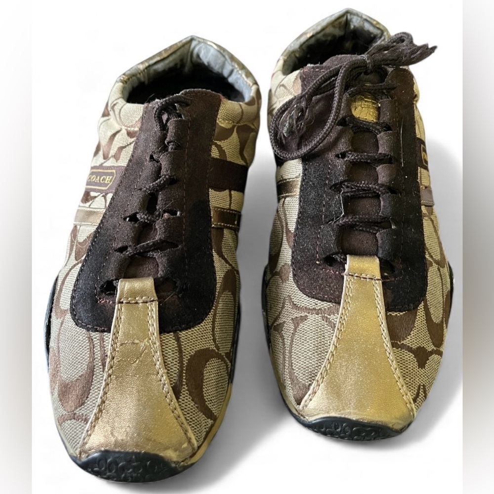 Coach Signature Jacquard Brown Gold Sneakers Women’s 9M |‎ Monogram Canvas